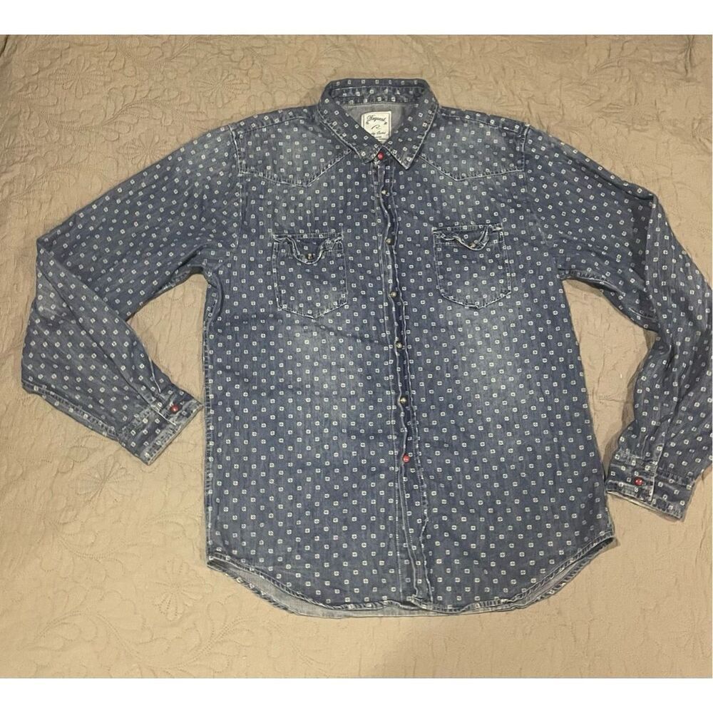 Request Jeans Men’s Pearl Snap Western 100% Cotton Denim Button Down Shirt XL